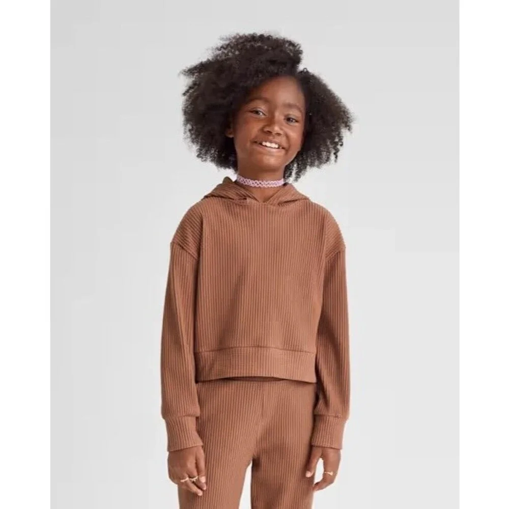 The Children's Place Girls Plush Ribbed Hooded Sweatshirt Pecan Pie XS New